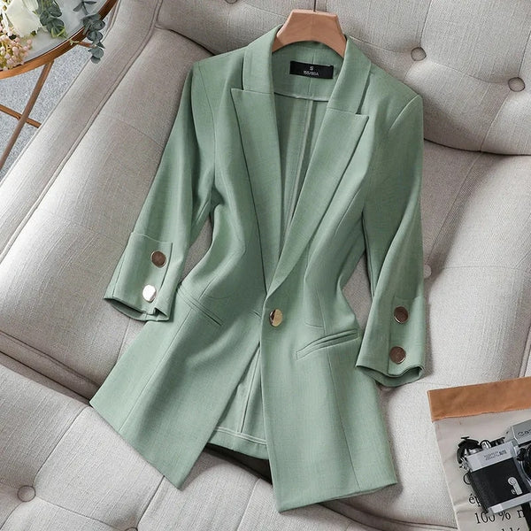 2023 Summer Solid Color Elegant Green Blazer Casual Thin Women Jacket Women's Korean Style V-neck Office Lady Suit Coat
