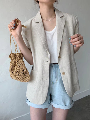 2023 Summer Solid Color Vintage Blazer Casual Thin Short Sleeve Women Jacket Women's Korean Style Cotton Linen Loose Suit Coat