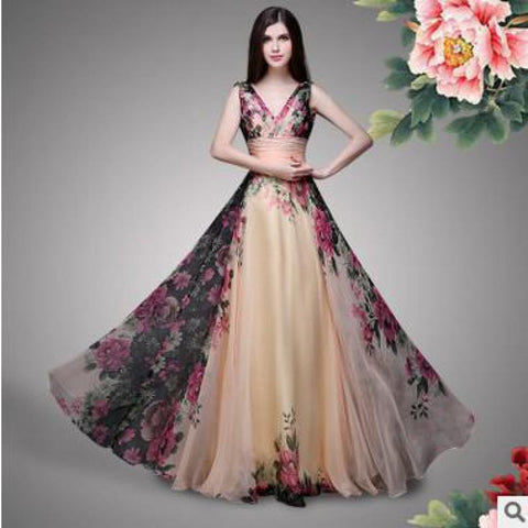2023 Summer Top Selling Floor-length Elegant Temperament Floral Vintage Sleeveless Maxi Dress V Neck Dress Chiffon