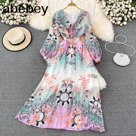 2023 Summer V-Neck  Long Dress Women Lace Up Long Sleeve Sling Dresses Floral Female Straps Party Beach Maxi Long Dresses
