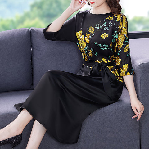2023 Summer Vintage Loose Print Silk 4XL Plus Size Dress Spring Casual Patchwork Midi Dress Women Elegant Bodycon Party Vestidos