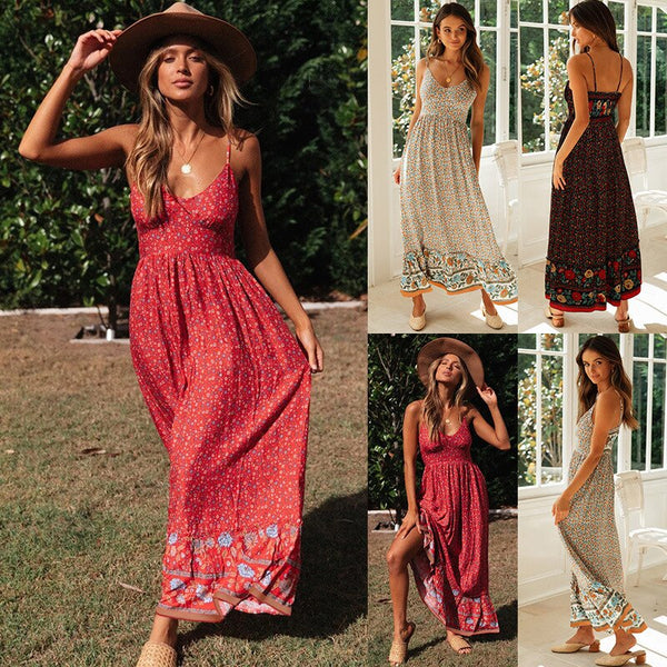 2023 Summer Women Sexy V Neck Floral Print Bohemia Long Dress  Off Shoulder Strap Beach Maxi Dress Casual Sundress