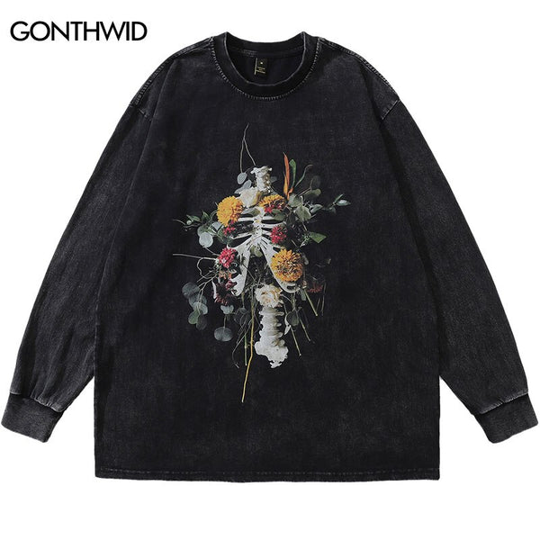 2023 T-Shirt Streetwear Men Hip Hop Floral Skull Skeleton Print Long Sleeve Tshirt Harajuku Casual Cotton Distressed Wash Shirts