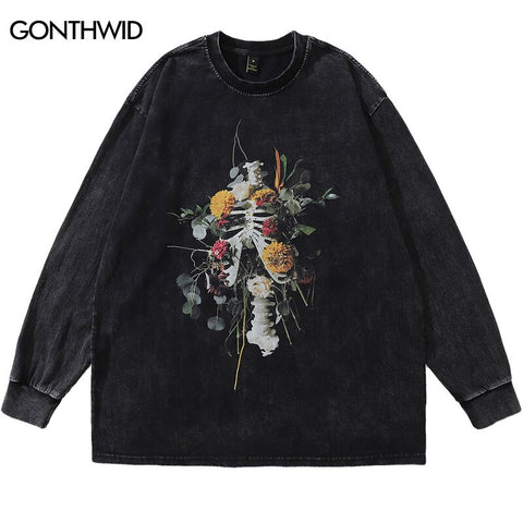 2023 T-Shirt Streetwear Men Hip Hop Floral Skull Skeleton Print Long Sleeve Tshirt Harajuku Casual Cotton Distressed Wash Shirts