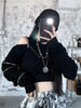 2023 Techwear Goth Cropped Emo Hoodies Women Harajuku Off Shoulder Oversize Sweatshirts Black Zip Up Top Hip Hop Streetwear Punk