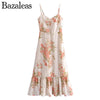 2023 V Neck Chiffon Spaghetti Strap Dresses Holiday Robe Floral Print Sling Dress Ruched
