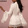 2022 VONDA Autumn Suit Blazer Casual Long Sleeve V Neck Lace Lapel Blazer OL Sleeve Coat Loose Lace Patchwork Coats Oversized