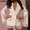 2022 VONDA Autumn Suit Blazer Casual Long Sleeve V Neck Lace Lapel Blazer OL Sleeve Coat Loose Lace Patchwork Coats Oversized
