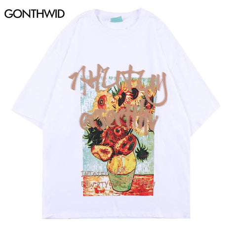 2023 Van Gogh T Shirt Streetwear Harajuku Sunflower Painting Print Cotton Tshirt Men Hip Hop Casual Short Sleeve T-Shirt Tee Top
