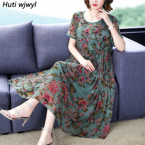 2023 Vintage Floral Chiffon Boho Midi Dress Summer 4XL Plus Size Print Beach Casual Sundress Elegant Women Bodycon Party Vestido