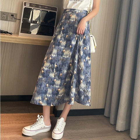 2023 Vintage Floral Print Skirts Women Spring Summer A-line Streetwear High Waist Retro Party Ladies Midi Skirt Femme