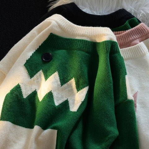 2023 Vintage Knitted Oversized Sweater Japanese Harajuku Cartoon Kawaii Sweater Y2K Loose Streetwear Patchwork Knitwear Tops
