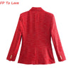 2023 Vintage Women's Red Textured Double Breasted Suit Lapel Office Long Sleeve Blazer Chic Button Up Top