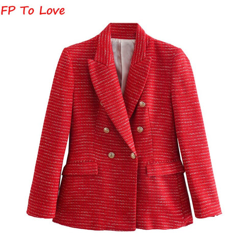 2023 Vintage Women's Red Textured Double Breasted Suit Lapel Office Long Sleeve Blazer Chic Button Up Top