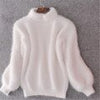 2023 White Mohair Thicken Turtleneck Sweater Autumn Winter Sweet Lantern Sleeve Casual Solid Color Pullover pull femme