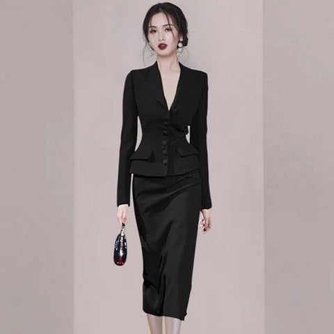 2023 Woman Spring Autumn OL Suits Female Long Sleeve Blazer Jackets + Midi Slim Package Hip Skirts Ladies 2 Piece Sets J56