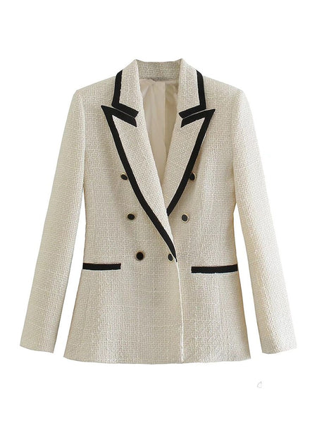 2023 Women Autumn Contrast Trim Double Breasted Texture Blazer Coat Vintage Long Sleeve Pockets Female Outerwear Chic