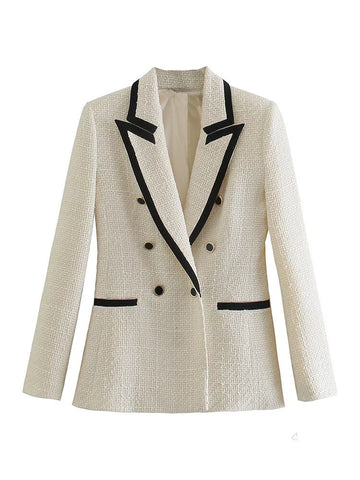 2023 Women Autumn Contrast Trim Double Breasted Texture Blazer Coat Vintage Long Sleeve Pockets Female Outerwear Chic