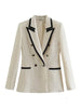 2023 Women Autumn Contrast Trim Double Breasted Texture Blazer Coat Vintage Long Sleeve Pockets Female Outerwear Chic