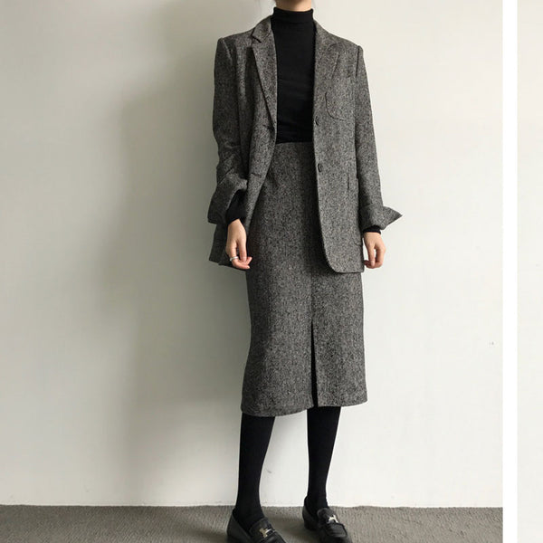 2023 Women Autumn Winter Woolen 2 Piece Sets Female Office Lady Blazer Coats + Slim Package Hip Skirts Ladies Suits K11