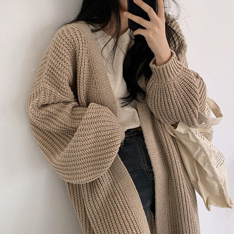 2023 Women Casual Long Cardigan Autumn Winter Loose Knitted Sweater Coat Korean Oversized Cardigan Tops Solid Vintage Clothing
