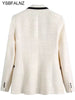 2023 Women With Contrast Piping Tweed Blazer Coat Vintage Long Sleeve Pockets Female Outerwear Chic Veste Femme