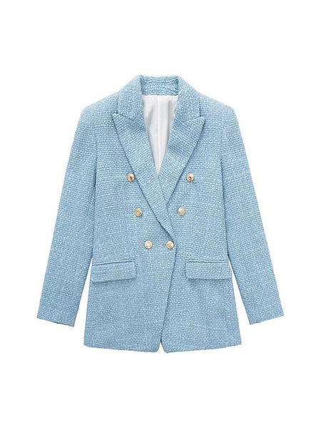 2023 Women Jacket Double Breasted Tweed Check Blazer Coat Vintage Long Sleeve Pockets Female Outerwear Chic