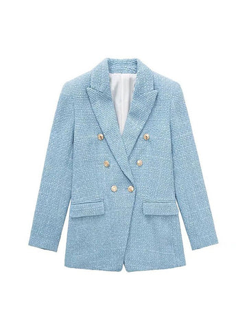 2023 Women Jacket Double Breasted Tweed Check Blazer Coat Vintage Long Sleeve Pockets Female Outerwear Chic