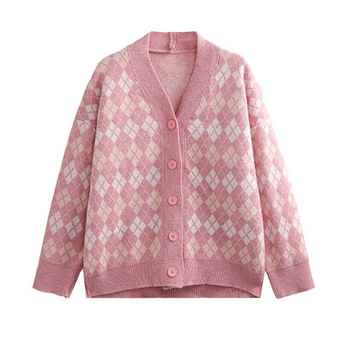 2023 Women Knitted Cardigan Loose Single Breasted Student Knitwear V-neck Korean Oversized Cardigan Winter Plaid Print Sweaters