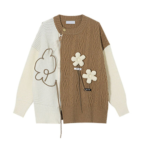 2023 Women Knitted Vintage Sweaters Patchwork Long Sleeve O-Neck Zipper Design Winter Loose Pullover Female Jumpers with Flower