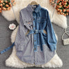 2023 Women Long Sleeve Denim Blouse With Belt Vintage Patchwork Blouse Spring Autumn Korean Fake Two Piece Tops Jeans Shirts