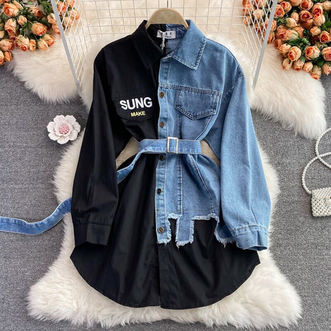 2023 Women Long Sleeve Denim Blouse With Belt Vintage Patchwork Blouse Spring Autumn Korean Fake Two Piece Tops Jeans Shirts