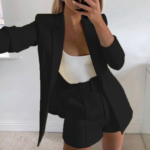 2023 Women Long Sleeve Solid Button Up Elastic Waist Blazer Tops And Shorts Set Elegant Office Ladies Suits Women Workwear