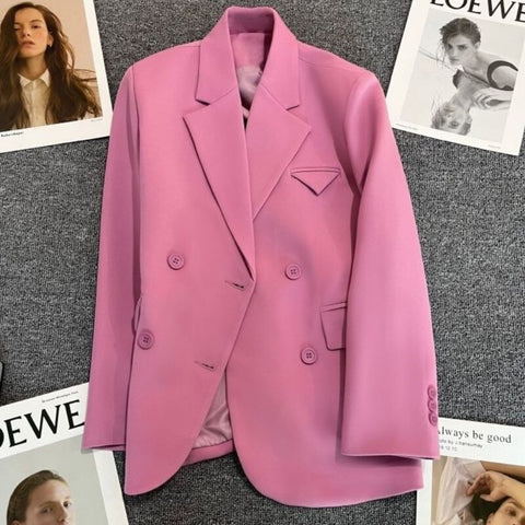 2023 Women Korean Solid Color Casual Long Sleeve Double-breasted Streetwear Office Lady Blazer Vintage Coat Top