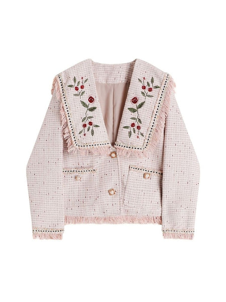 2023 Women Pink Long Sleeve Blazers French Style Chic Design Embroidery Weave Suit Baggy Ladies Tops Jackets Coat Feamle