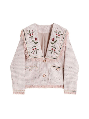 2023 Women Pink Long Sleeve Blazers French Style Chic Design Embroidery Weave Suit Baggy Ladies Tops Jackets Coat Feamle