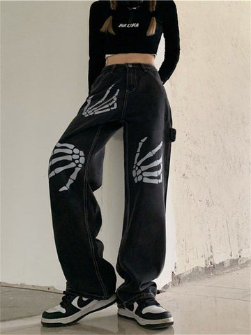 2023 Women Punk Skull Emo Jeans Loose Korean Cargo Pants Harajuku Print Hip Hop Wide Leg Egirl Retro Streetwear Y2k Denim Pants