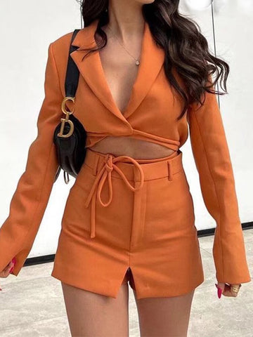 2023 Women Solid Blazer Suit Long Sleeve Bandage Coats+Zipper Shorts Sets Causal Short Jacket High Waist Outwear Two Peices