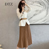 2023 Women Spring Autumn 2 Piece Set Female Long Sleeve Jackets and Pleated Skirt Ladies Solid Blazer Suits with Belt L45
