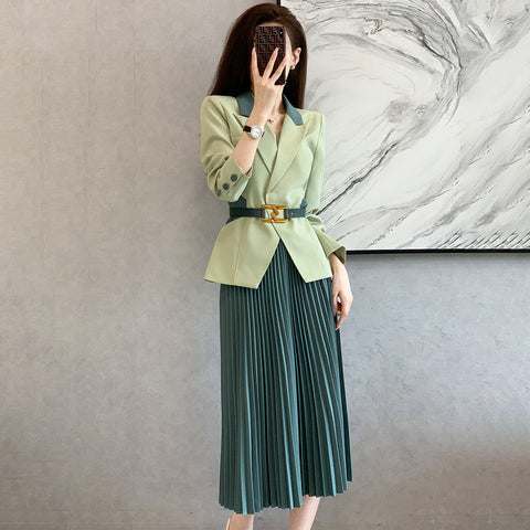 2023 Women Spring Autumn 2 Piece Set Female Long Sleeve Jackets and Pleated Skirt Ladies Solid Blazer Suits with Belt L45