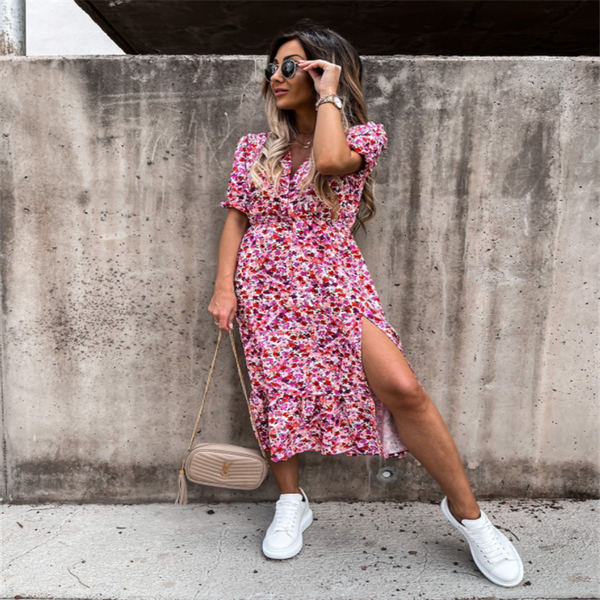 2023 Women Summer Floral V-Neck Print Elegant Dress Bohomian Casual Maxi Dress
