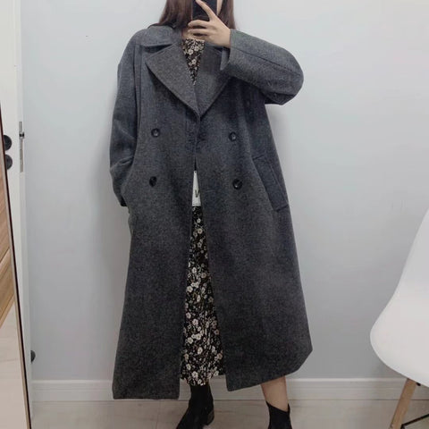 2023 Women's Solid Color Loose Jacket Coat Long Sleeve Double Breasted Pocket Lapel Long Commuter Office Worker Casual