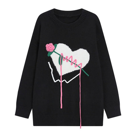 2023 Women's Heart Rose Oversize Y2k Sweater Tops Long Sleeve Kawaii Jumper Autumn Pullover Korean Knitted Coat Vintage Clothing