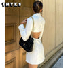 2023 Women's White Open Back Cutout Long Blazer Ladies Double Breasted Long Sleeve Jacket Women's Chic Coat Blazer Mujer