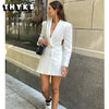 2023 Women's White Open Back Cutout Long Blazer Ladies Double Breasted Long Sleeve Jacket Women's Chic Coat Blazer Mujer