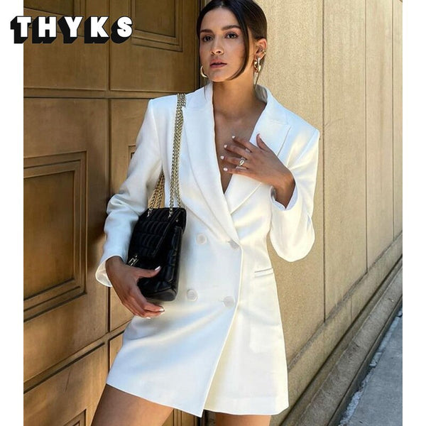 2023 Women's White Open Back Cutout Long Blazer Ladies Double Breasted Long Sleeve Jacket Women's Chic Coat Blazer Mujer