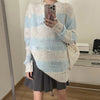 2023 Y2K Lazy Style Knitted Sweater Korean Frayed Loose Pullover Fairycore Sweet Oversized Jumper Striped Hole Knitwear
