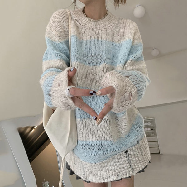 2023 Y2K Lazy Style Knitted Sweater Korean Frayed Loose Pullover Fairycore Sweet Oversized Jumper Striped Hole Knitwear