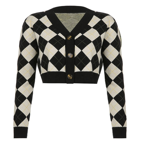 2023 Y2K Vintage Short Cardigan Argyle Knitted Sweater Crop Top Streetwear Long Sleeve England Style V-Neck Plaid Outwear Jacket