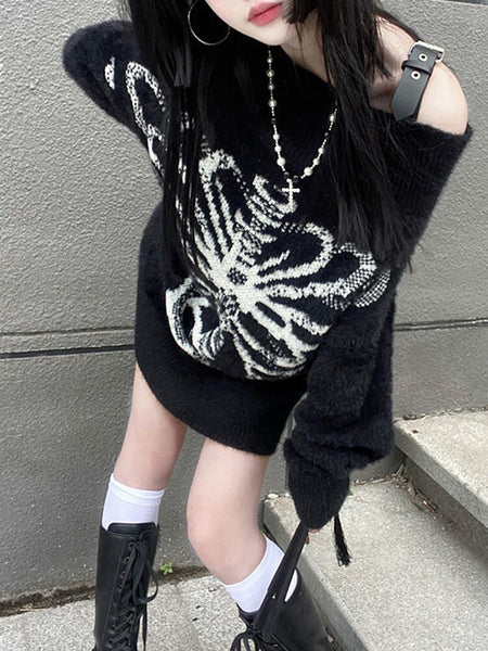 2023 Y2k Aesthetic Grunge Sweater Loose Streetwear Black Pullover Skull Print Gothic Women Jumper Harajuku Punk Knitwear 90s